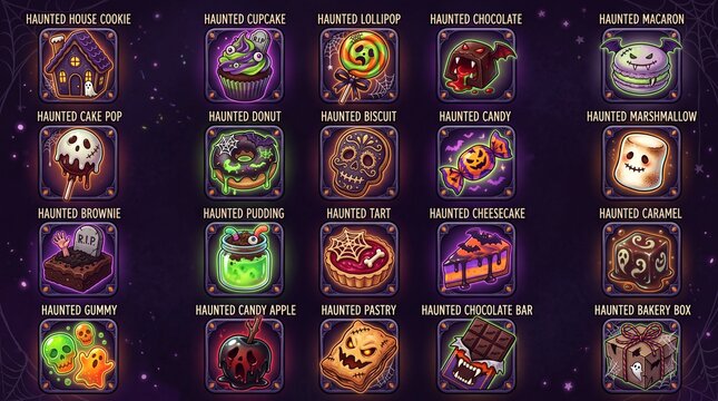 Halloween sweets and spooky treats solid icon set containing icons for Haunted House Cookie, Haunted Cupcake, Haunted Lollipop, Haunted Chocolate, and Haunted Macaron for game design projects