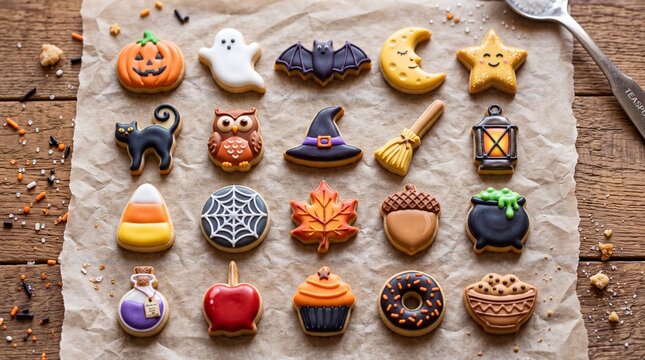 Halloween sugar cookies. Assorted frosted baked treats including pumpkin ghost bat cat owl hat broomstick lantern candy corn spiderweb leaf acorn cauldron potion apple cupcake donut popcorn
