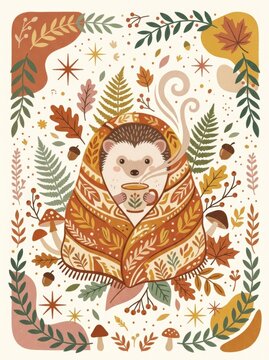 Cute hedgehog wrapped in warm patterned blanket holding steaming mug. Fall foliage, mushrooms and acorns border. Autumn coziness and hygge concept. Nursery wall art and seasonal greeting