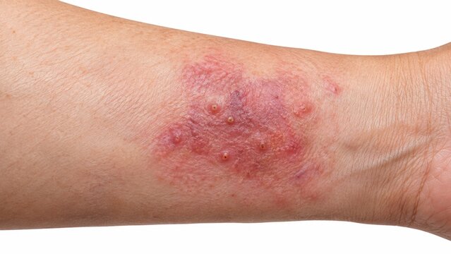 Closeup of inflamed red skin rash with clustered pus filled blisters, irritation, swelling and textured lesions on human forearm isolated on white background