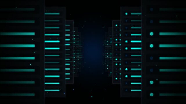 Futuristic server room animation with glowing blue light streaks in digital data center