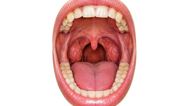 Human Mouth Open Showing Teeth Tongue Tonsils Uvula Soft Palate and Throat Anatomy for Medical Examination Isolated on white background