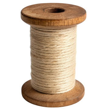 Wooden spool with natural twine isolated on white background