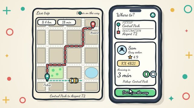 Hand Drawn Ride Sharing App Interface Animation For Booking A Trip And Tracking Car Navigation To Reach The Airport Destination On Smartphone Screen