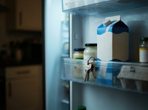 Fridge Shelf with Keys and Milk Carton in a Home Kitchen