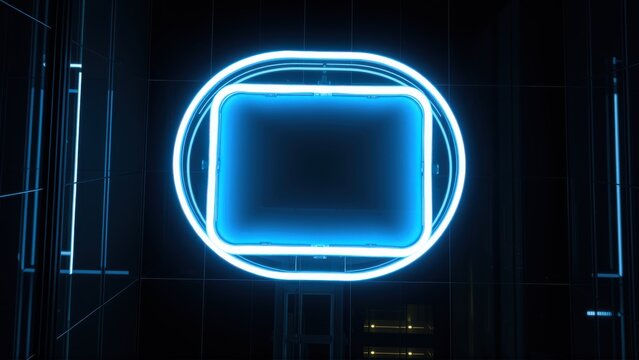 Bright neon rectangle framed by oval. Dark background creates dramatic lighting effect. Minimalist design, futuristic aesthetic.