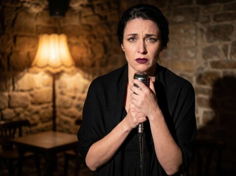 Jazz Singer in a Moody Stone Venue Holding a Microphone
