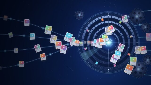 Futuristic Social Media Algorithm Machine Sorting Content Cards