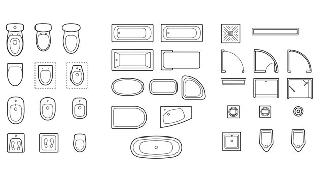 Architectural top view bathroom CAD plan symbols set with toilets bidets bathtubs shower cabins and drains line art vector