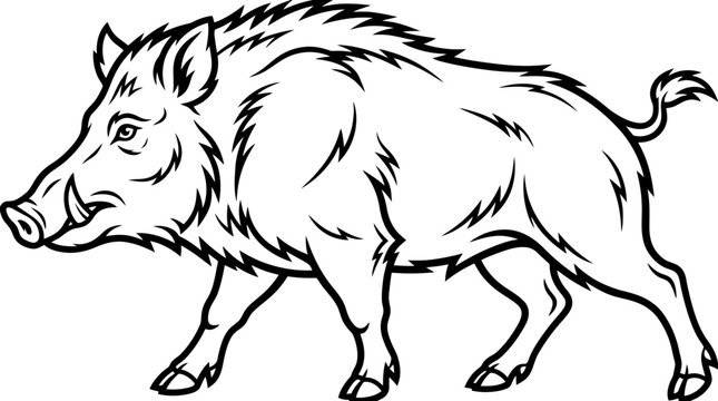 Wild boar line art vector illustration, black and white boar hog outline for hunting mascot or emblem design, wild pig graphic element