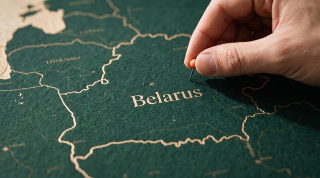 Human hand placing a pin on the country of Belarus on a textured green map display