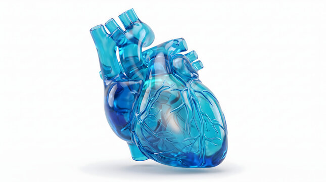 A stunning 3D render of a transparent blue glass human heart, showcasing intricate anatomical details. Ideal for medical, scientific, and technological presentations, symbolizing health, innovation...