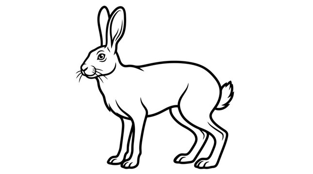 Vintage hare illustration, black and white line art rabbit vector, wild hare animal outline graphic for coloring page