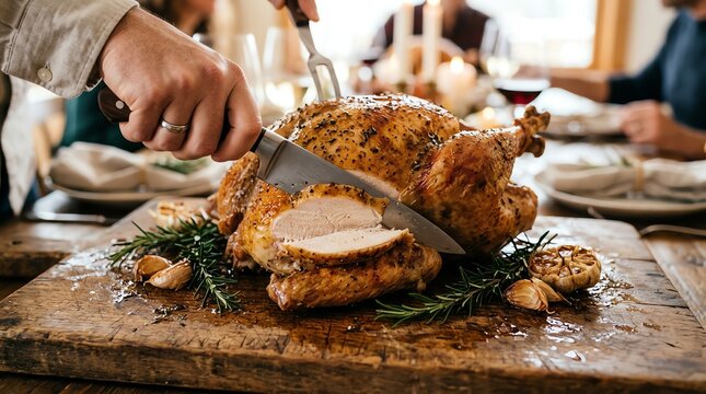 Man Slicing Delicious Roasted Turkey On Cutting Board With Rosemary And Garlic