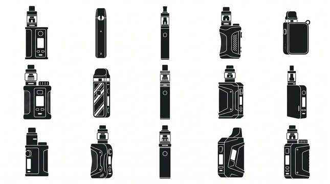Vape device icon collection featuring electronic cigarette mods, vaping hardware variations, nicotine delivery systems, monochrome silhouettes, product catalog vector illustrations.