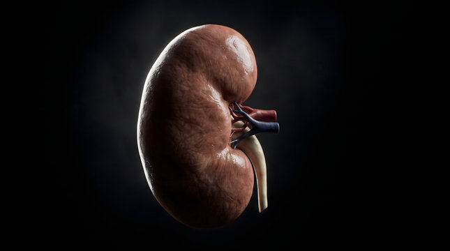 Detailed 3D rendering of a healthy human kidney, showcasing its intricate anatomy including the renal artery, vein, and ureter. This medical illustration is perfect for healthcare, science, and edu...