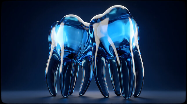 A captivating abstract illustration showcasing two translucent blue teeth, symbolizing advanced dental care, oral hygiene, and innovative dentistry. This visually striking image represents health,...