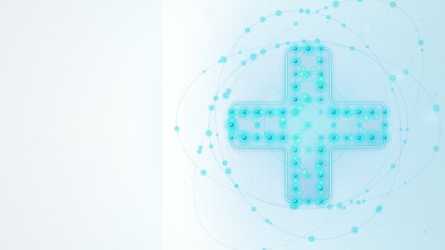 Digital Healthcare Network Medical Cross with Data Particles, White Copy Space