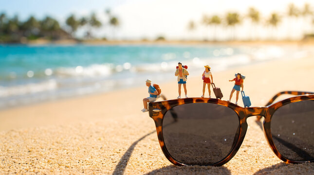 Extreme macro tilt-shift photography of miniature tourist figures standing on giant sunglasses at the beach