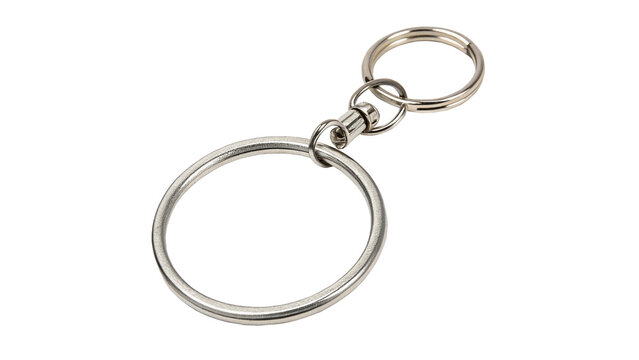 Blank metal keychain base with split key ring and swivel connector isolated on white background