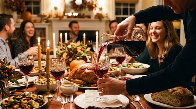Person pouring red wine into crystal glass during a festive dinner party