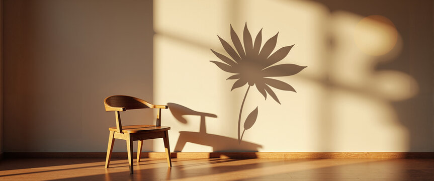 Silhouette of chair casting blooming flower shadow on wall for furniture store blogs, interior design mood boards, and surreal art