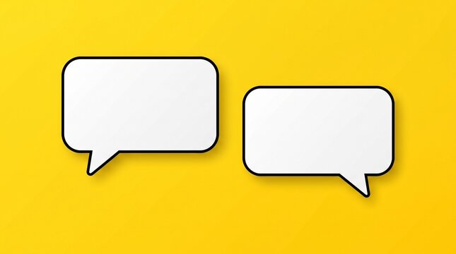 Plain yellow background, two white speech bubbles, bold black outlines. Blank and ready to be filled with words, conversation, and messages.