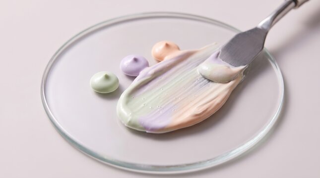 Mixing pastel color correcting makeup bases with a metal spatula on a glass palette, cosmetic swatches