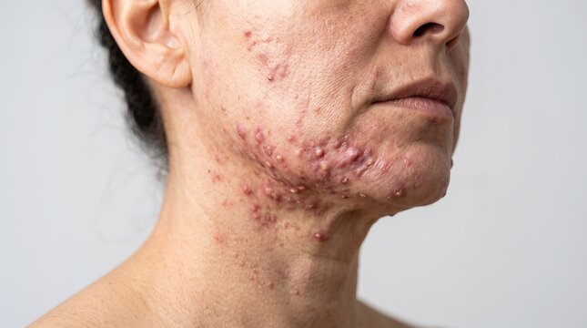 Close up of a person's lower face and neck suffering from severe cystic acne and pimples, skin disease