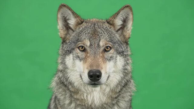 A close-up of a gray wolf attentively looking into the camera against a green studio background. The wild predator turns its head and focuses on the lens
