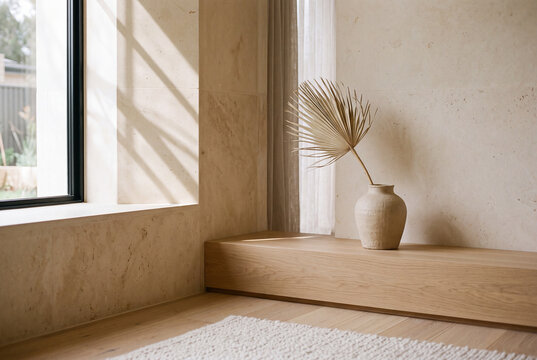 Minimalist room interior view on a sunny morning. Room design in beige color palette.