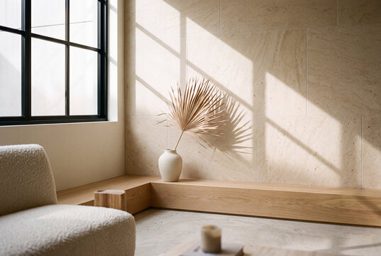 Minimalist room interior view on a sunny morning. Room design in beige color palette.