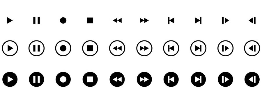 Set of black multimedia playback control buttons