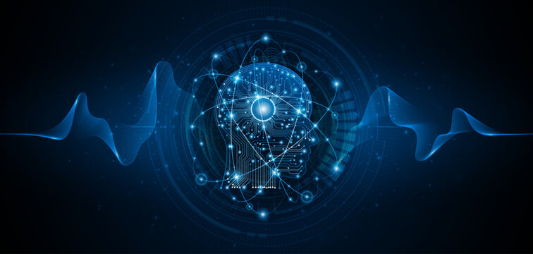 Futuristic AI human head with circuit board and glowing digital brain on dark blue background for technology and innovation concept.