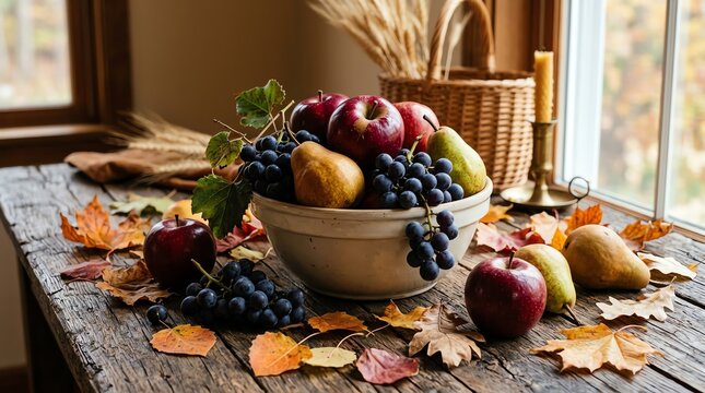 Still Life Arrangement of Fresh Autumn Fruits and Fall Leaves on a Rustic Wooden Table