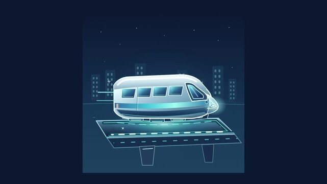 Illustrated passenger train above an elevated city track