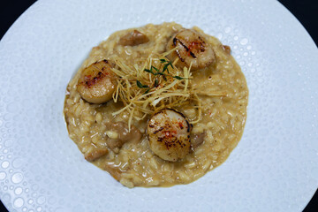 italian scallop risotto with mushrooms and fried leek © libin