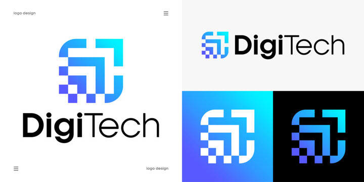 digitech logo design, digital technology, pixel art grid, software development, data analytics and cyber security concept, geometric square icon with upward arrow, vector.