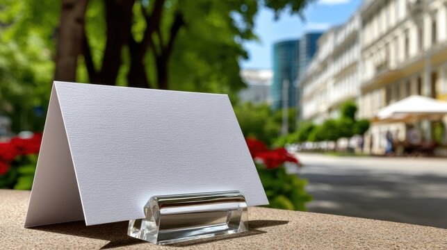 Blank tent card on crystal holder at outdoor cafe table with city bokeh background for menu mockup, cafe branding, terrace signage and hospitality presentation in natural daylight