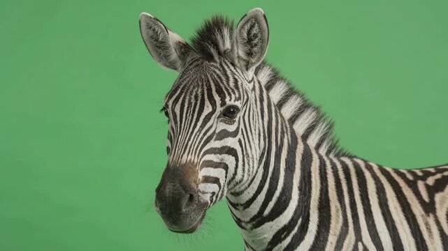 A close-up of a zebra posing against a bright green studio background. The exotic animal with a distinctive black and white striped pattern calmly looks into the camera and slightly moves its ears