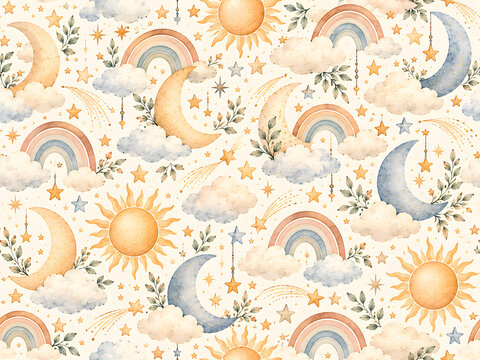 Seamless watercolor pattern with sun moon rainbow and stars for