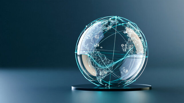 surreal visualization of a connected digital world, sculptural globe made from luminous network lines, floating transparent data nodes and flowing light pathways, dark blue gradient background,