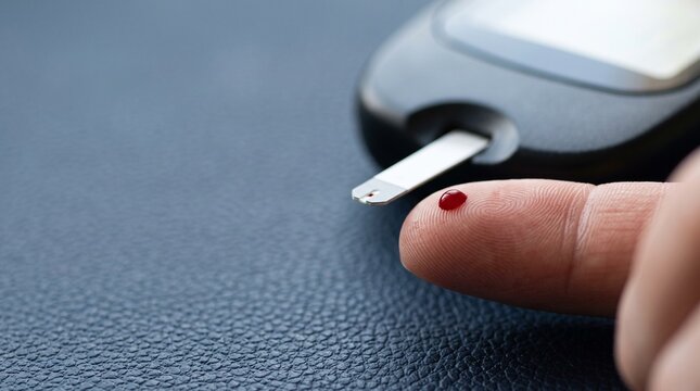Close up of human finger with a drop of blood ready to be tested on a glucometer strip against dark textured background
