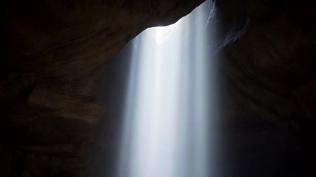 Slow motion static shot of light beam streaming through cave opening into dark underground cavern