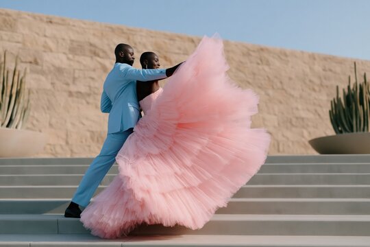 Elegant couple dancing on outdoor steps in a flowing pink tulle gown and pale blue suit for fashion banner and editorial background