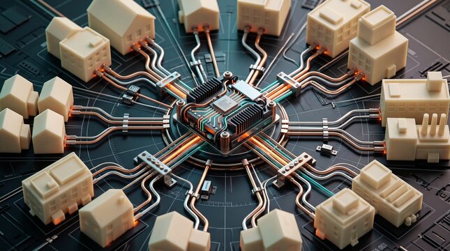 Digital concept of smart city energy distribution from a central microprocessor chip
