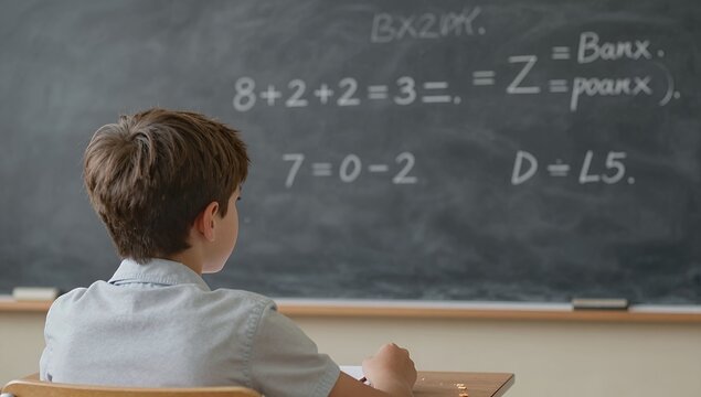 Young Schoolboy Sitting at Desk Looking at Chalkboard with Mathematical Equations in a Classroom Setting During a Lesson for Learning and Education