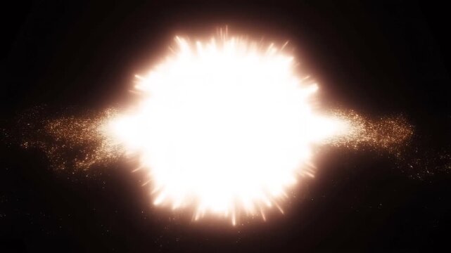 Slow motion zoom of particle burst expanding and radiating light core with sparks in dark space void cosmos background