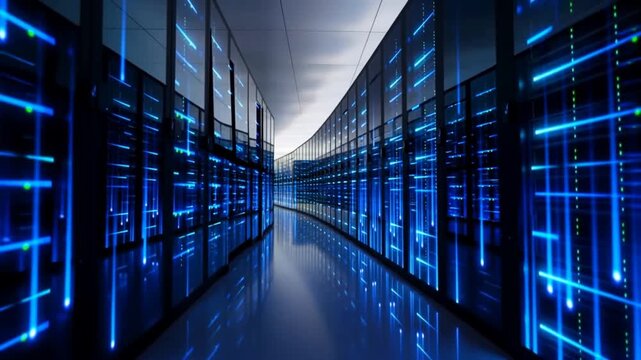 Tracking shot down curved aisle of server racks with glowing blue network lights reflecting on glossy floor in data center interior