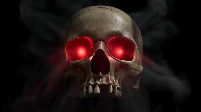 Slow motion tracking shot of skull rotating with glowing red eyes against black smoky background in dark studio